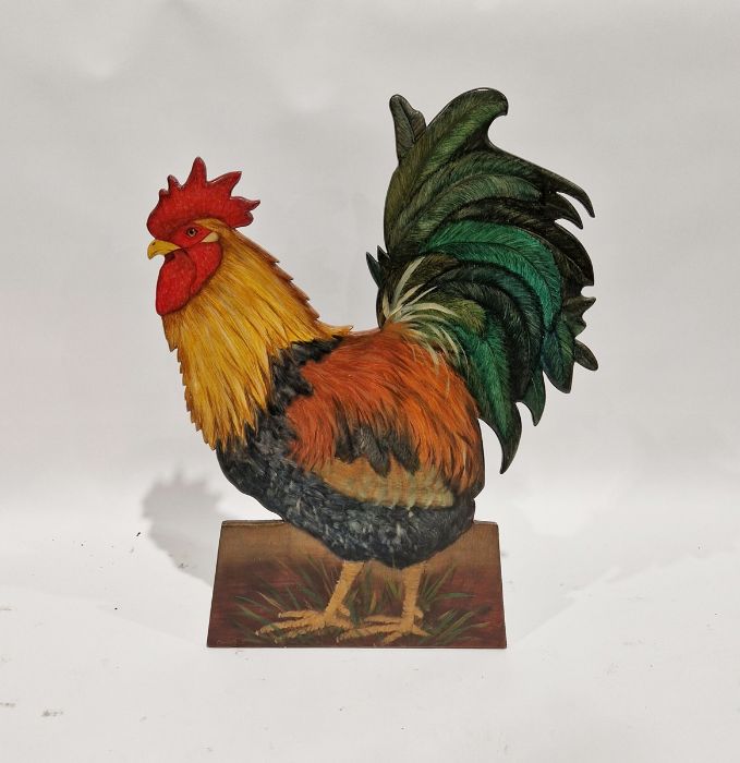 Carved and painted cockerel, probably used as a firescreen, signed on the back 'A. Churchill',