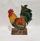 Carved and painted cockerel, probably used as a firescreen, signed on the back 'A. Churchill',