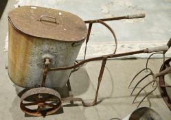 Vintage galvanised water carrier on wheels, 48cm high