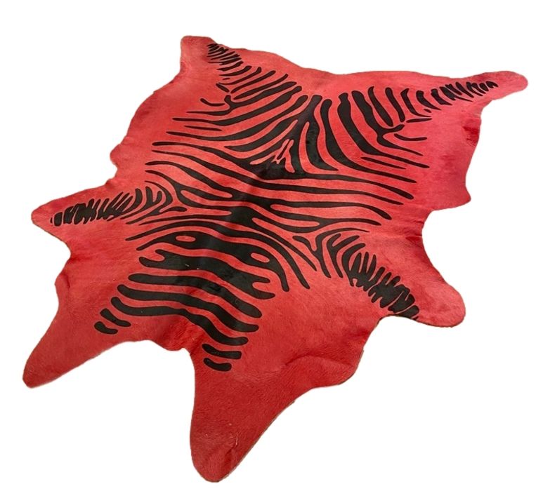 Large cow hide fur rug, dyed red with black stripes 'a la Zebra' Condition ReportApprox 205cm x