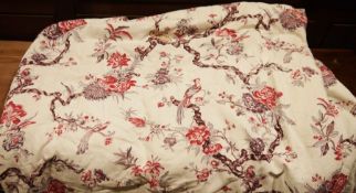 Large pair of lined and interlined curtains, red and grey pattern on a cream ground, full length,