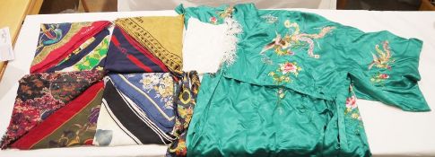 Quantity of modern silk and other scarves and a Chinese style embroidered dressing gown (1 box)