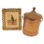 Copper coal scuttle, lined, two mirrors, a print and a folding dressing table mirror (in need of