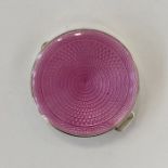 1920's circular silver and pink enamel compact with mirror to inside of lid, Birmingham 1928,