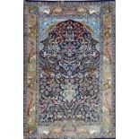 Persian silk and wool prayer rug, allover decorated with birds and animals to a blue ground, grey
