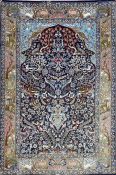 Persian silk and wool prayer rug, allover decorated with birds and animals to a blue ground, grey