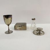1950's rectangular silver-mounted cigar box, engine turned, 11cm wide, a silver lidded glass jug,