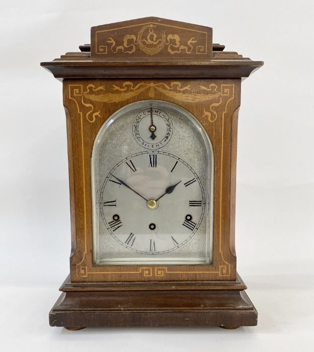 German inlaid mahogany Westminster chiming mantel clock having stepped pediment, engraved steel - Image 2 of 8