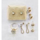 Gold-coloured metal and white stone dress ring, a pair of 9ct gold and opal earrings, teardrop-shape