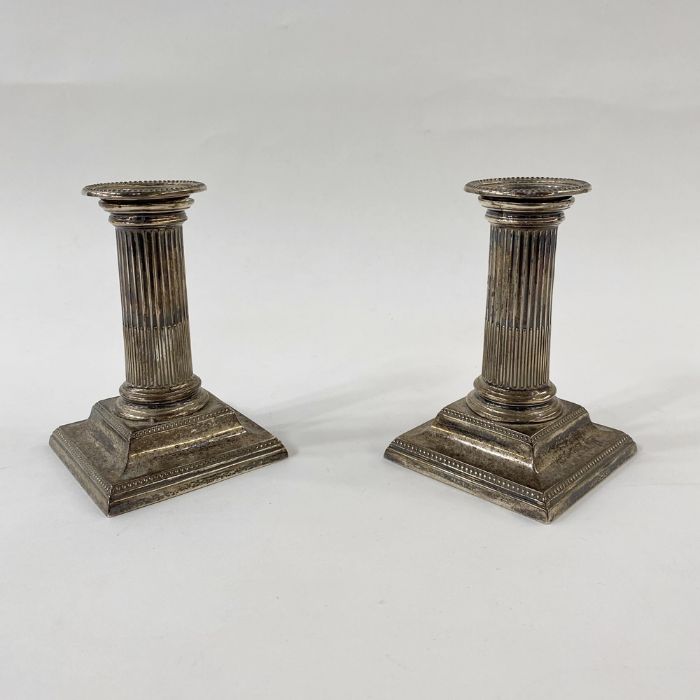 Pair of Victorian silver dwarf candlesticks, each with stop-fluted column, on square stepped - Image 3 of 6