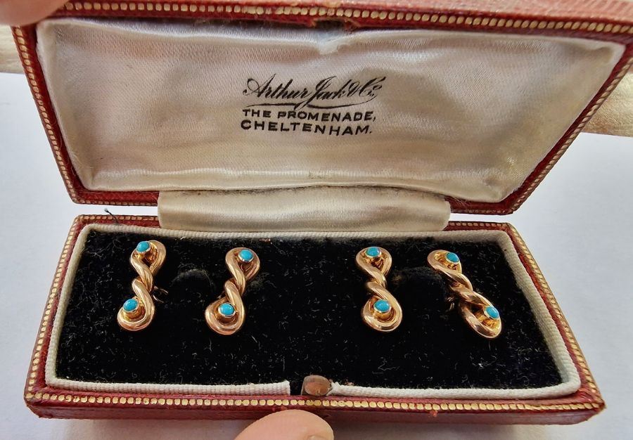 Pair of 15ct gold and turquoise set twist cufflinks, 5g approx. total, in fitted Arthur Jack & Co. - Image 3 of 3