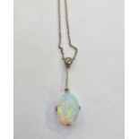 Edwardian opal and diamond lavaliere pendant with collet-set diamond, having bar suspension and