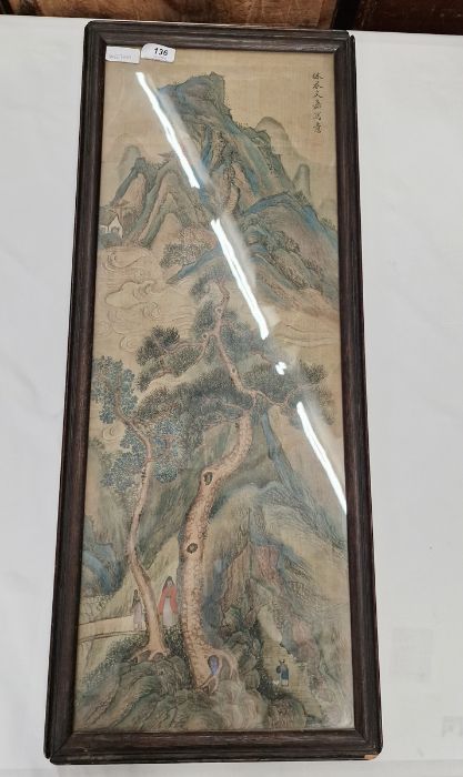 Chinese watercolour of mountainous landscape with pine trees and figures, 67cm x 24cm Condition - Image 2 of 21