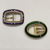 Edwardian belt buckle, oval and guilloche enamel with white enamel beaded inner rim and gilt-