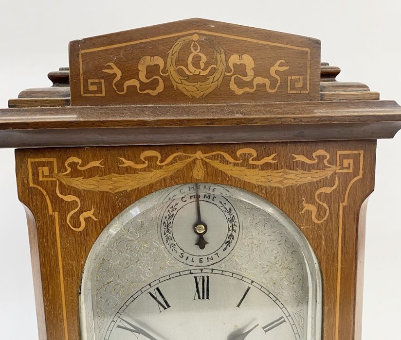 German inlaid mahogany Westminster chiming mantel clock having stepped pediment, engraved steel - Image 4 of 8
