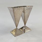 Early 20th century silver-mounted pair of inverse triangular shaped vases on triangular shaped