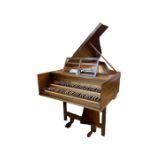 John Morley double manual harpsichord (Handel) in mahogany finish with square cheeks, on trestle
