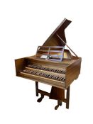 John Morley double manual harpsichord (Handel) in mahogany finish with square cheeks, on trestle