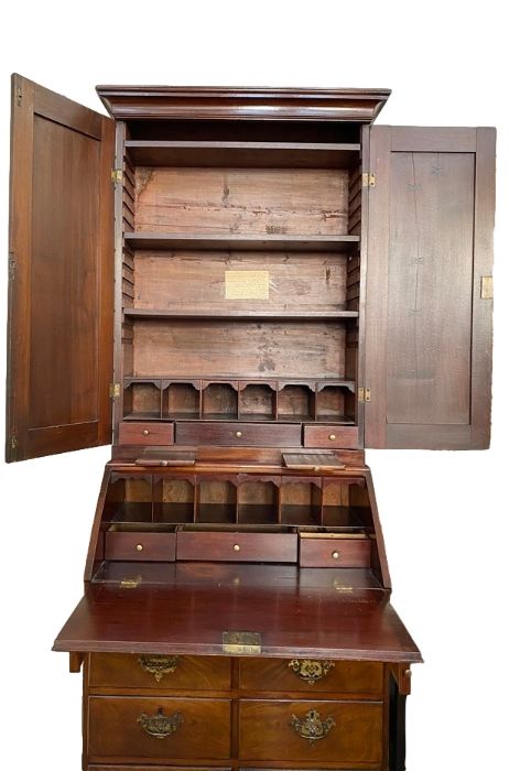 George III mahogany bureau bookcase, the top section with cavetto frieze, three adjustable - Image 2 of 5