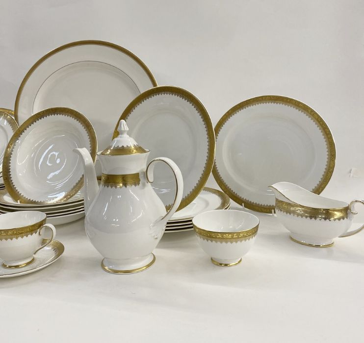 Royal Grafton 'Regal' pattern, part dinner service, gilt borders viz:- 12 dinner plates, 12 side - Image 3 of 7