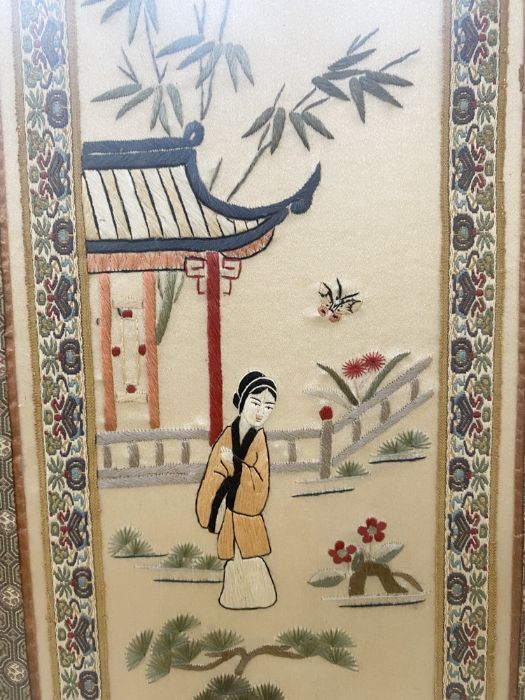Chinese embroidered silk panel with female figure and lakeside pavilion, 59cm x 23cm - Image 4 of 4