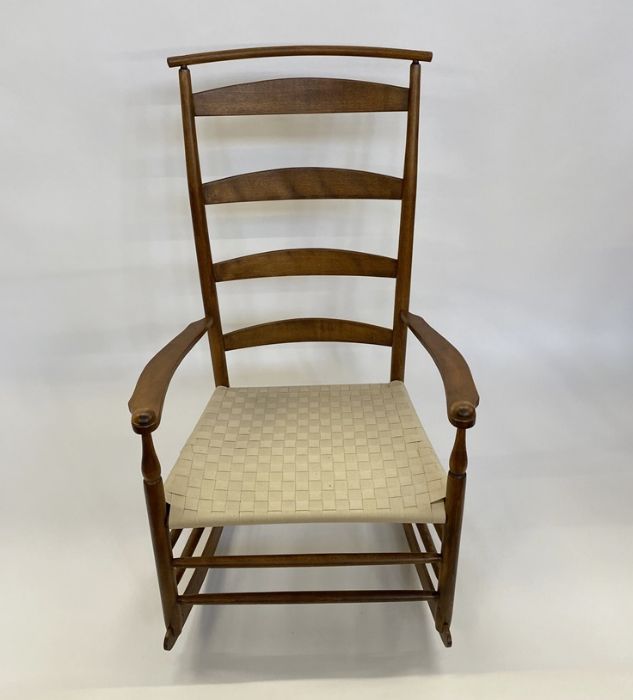 Shaker-style stained wood curved ladderback rocking open armchair with woven plaited seat, turned - Image 4 of 4