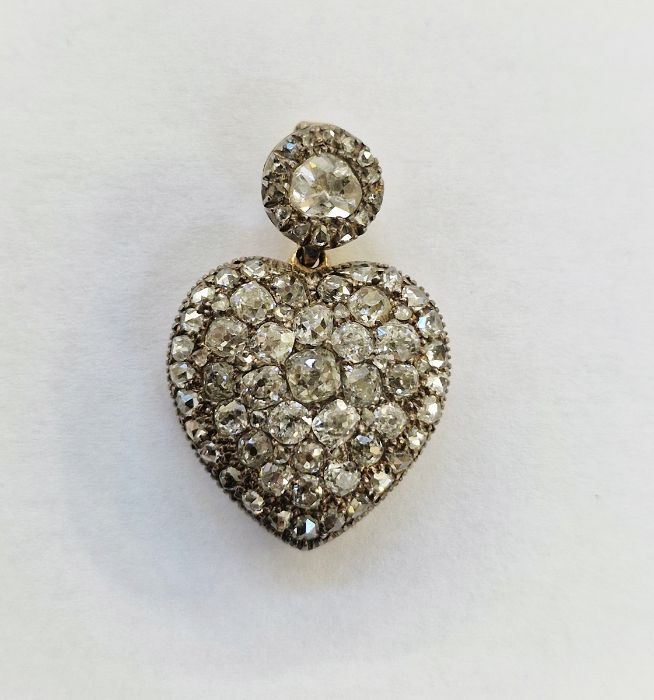 Victorian heart-shaped rose-cut diamond pendant, the circular suspension set with circular