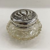 Art Nouveau silver topped cut-glass trinket box, repousse Birmingham 1900