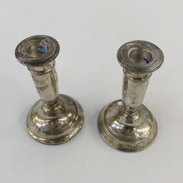 Pair of 1920's silver-mounted squat candlestick holders, Birmingham 1926, maker's mark worn, 12. - Image 3 of 3