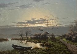 Glen Brouwer (1944)  Oil on canvas Wild ducks on evening flight across pond, with boat in