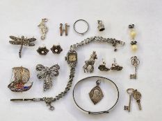 Marcasite watch, marcasite brooches, a filigree Viking ship and other jewellery in jewellery box