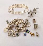 Silver charm bracelet with padlock clasp, assorted silver and silver-coloured metal charms, a