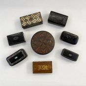 Collection of ebonised wood and inlaid snuff boxes and others to include mother-of-pearl, inlaid