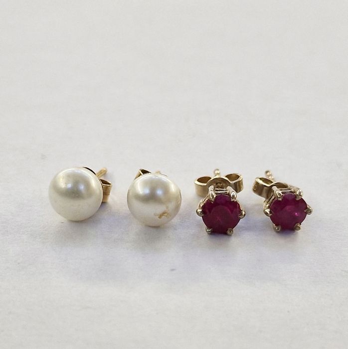 Pair cultured pearl and gold-coloured metal stud earrings and a pair of 18ct gold and ruby stud