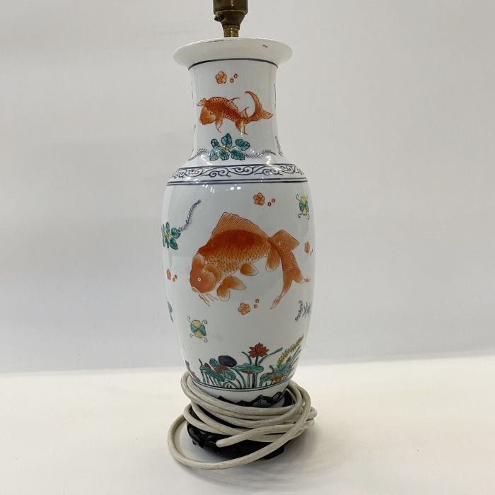 Chinese porcelain vase table lamp of slender ovoid form and painted with cart, in iron red amongst - Image 5 of 8