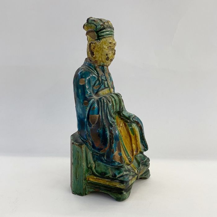 19th century Chinese Sancai glazed terracotta figure, seated man in robes, 23.5cm high Condition - Image 2 of 22