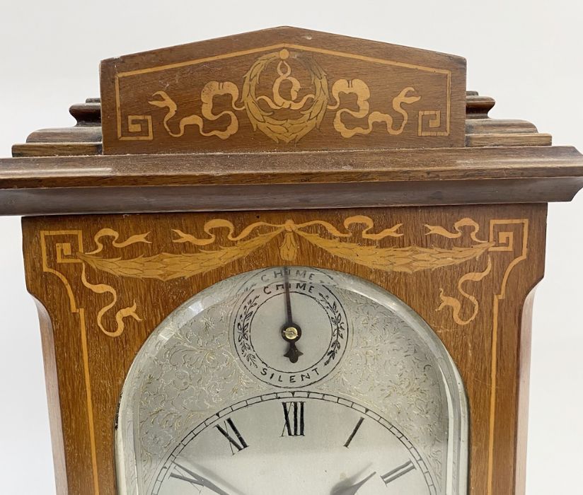 German inlaid mahogany Westminster chiming mantel clock having stepped pediment, engraved steel - Image 8 of 8