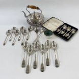 Hot water kettle/teapot, silver-plated salad servers, six serving spoons, six soup spoons, a small