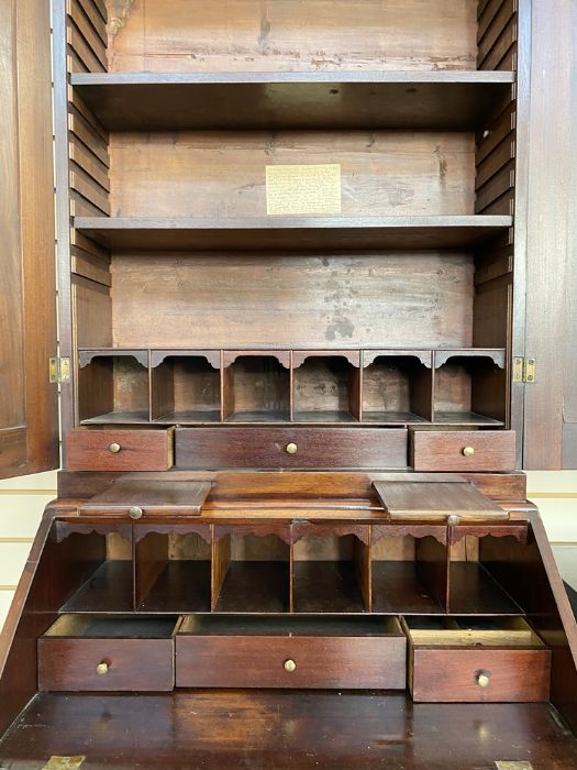 George III mahogany bureau bookcase, the top section with cavetto frieze, three adjustable - Image 4 of 5