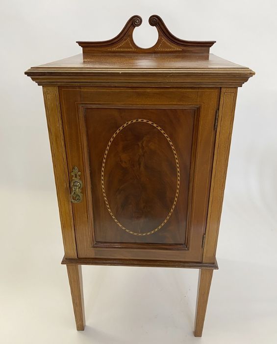 Edwardian inlaid mahogany pot cupboard having double swan neck pediment, framed panel door, all with - Image 3 of 4