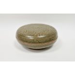 20th century Chinese Ming-style covered bowl of Yao Zhou type, celadon glazed, incised decoration,