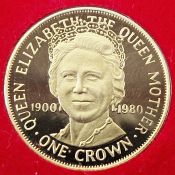 Gold one crown coin, 1980, marking Queen Elizabeth the Queen Mother's 80th Birthday