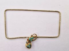 Gold-coloured serpent chain necklace with heart drop, set with turquoise and garnets, engraved