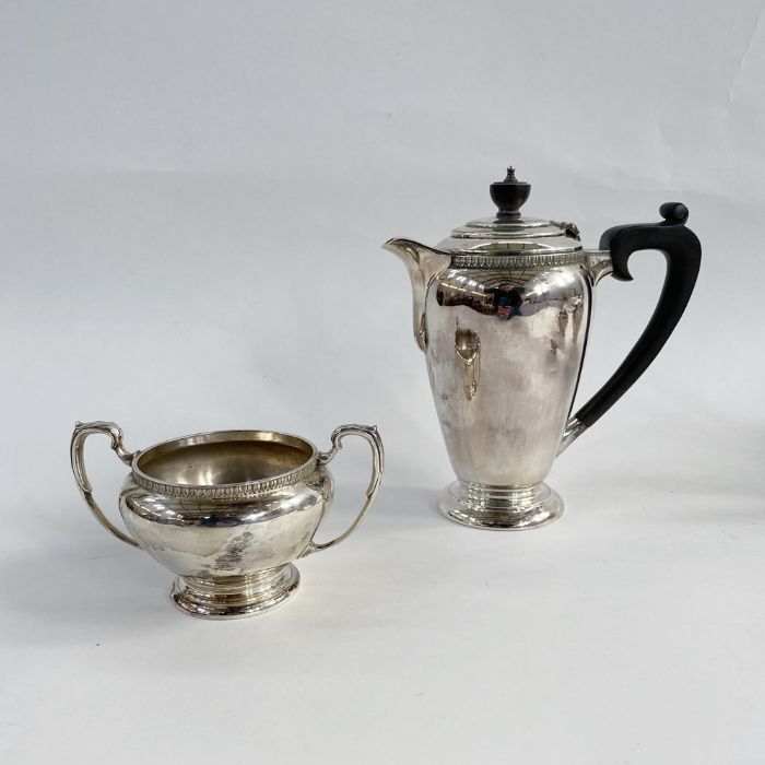1940's silver four piece tea set, the teapot and coffee pot both with ebony finials and handles, all - Image 3 of 5