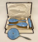 1950's Asprey silver and blue enamel four-piece dressing set with silver initial relief 'EP' (one