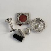 Small silver vesta case, a silver miniature spill vase, 7cm high, a silver-mounted miniature picture