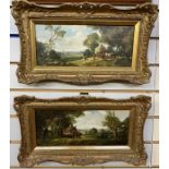 Unattributed  Pair of 19th century oils on canvas  Scenes of figures haymaking on hillside with