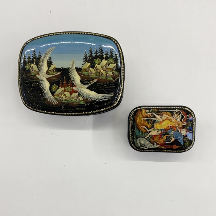 Two Russian papier-mache boxes, red agate and metal seal, white metal and marble elephant on - Image 2 of 4