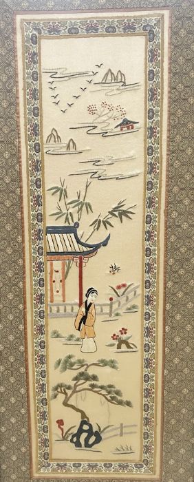 Chinese embroidered silk panel with female figure and lakeside pavilion, 59cm x 23cm - Image 2 of 4