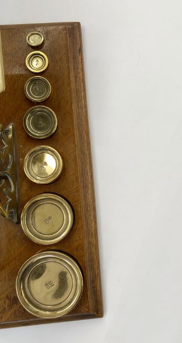 Set of late 19th century Sampson Mordan and Co. postal scales, with seven graduated weights on oak - Image 3 of 4